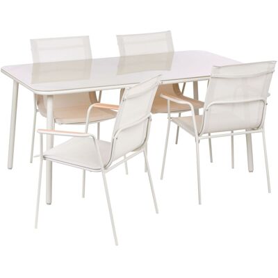 BELIANI Set Da Pranzo Da Giardino A 4 Posti Con Struttura In Acciaio Piano In Vetro Temperato Seduta E Schienale In Rete Impilabile, Beige Chiaro Caravino BELIANI Set Da Pranzo Da Giardino A 4 Posti Con Struttura In Acciaio Piano In Vetro Temperato Seduta E Schienale In Rete Impilabile, Beige Chiaro Caravino
