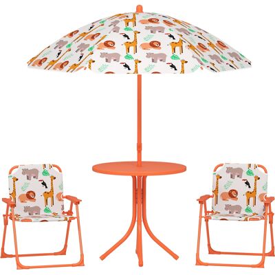 TORMATOR Set Di Mobili Da Giardino Per Bambini, Tavolo Per Bambini Con 2 Sedie Pieghevoli E Ombrellone Ø 100 Cm, Fantasia Animali, Arancione TORMATOR Set Di Mobili Da Giardino Per Bambini, Tavolo Per Bambini Con 2 Sedie Pieghevoli E Ombrellone Ø 100 Cm, Fantasia Animali, Arancione