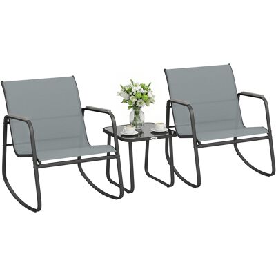 OEM Set Da Esterno 3pz In Acciaio Con 2 Sedie A Dondolo Traspiranti E Tavolino Con Piano In Vetro, Grigio E Nero OEM Set Da Esterno 3pz In Acciaio Con 2 Sedie A Dondolo Traspiranti E Tavolino Con Piano In Vetro, Grigio E Nero