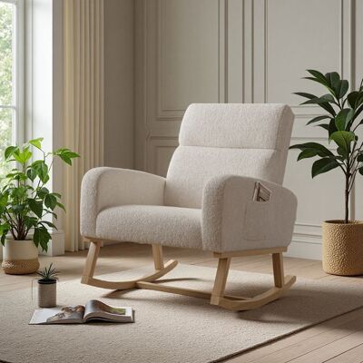 OEM Poltrona A Dondolo - Poltrona Scandinava - Velluto Teddy Beige - Piedi In Legno Massello - Ripostiglio Laterale OEM Poltrona A Dondolo - Poltrona Scandinava - Velluto Teddy Beige - Piedi In Legno Massello - Ripostiglio Laterale