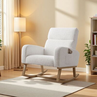 OEM Poltrona A Dondolo Scandinava Bianca In Velluto Teddy Con Spazio Di Stoccaggio, Piedi In Legno Massello, 1 Posto OEM Poltrona A Dondolo Scandinava Bianca In Velluto Teddy Con Spazio Di Stoccaggio, Piedi In Legno Massello, 1 Posto