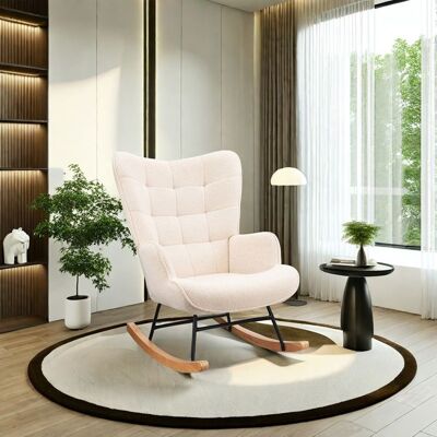 OEM Poltrona A Dondolo Scandinava In Velluto Teddy Beige, Legno Massello E Metallo - 1 Posto, 68×75×92 Cm OEM Poltrona A Dondolo Scandinava In Velluto Teddy Beige, Legno Massello E Metallo - 1 Posto, 68×75×92 Cm