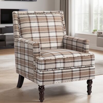 MODFU Poltrona Compatta Per Soggiorno, Imbottitura In Schiuma Ad Alta Densità, Struttura In Legno, Rivestimento In Tessuto Di Cotone E Lino Marrone E Bianco. MODFU Poltrona Compatta Per Soggiorno, Imbottitura In Schiuma Ad Alta Densità, Struttura In Legno, Rivestimento In Tessuto Di Cotone E Lino Marrone E Bianco.