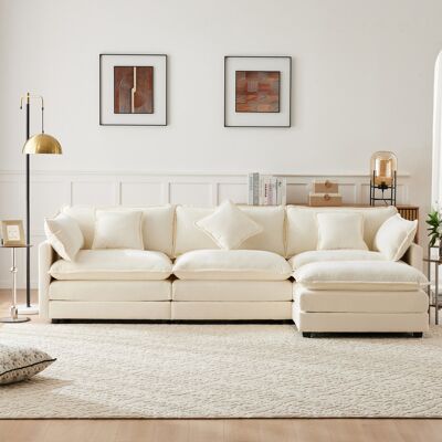 OKMYHOME Sofá Chaise Longue 3 Plazas Con Puff Y Chenilla Beige OKMYHOME Sofá Chaise Longue 3 Plazas Con Puff Y Chenilla Beige