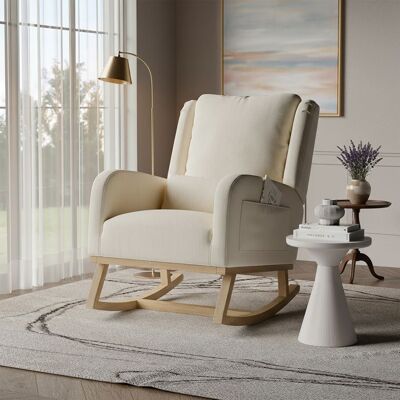 OEM Poltrona A Dondolo Pocketpop In Lino Beige Con Cuscino — Piedi In Legno Massello, Stile Scandinavo OEM Poltrona A Dondolo Pocketpop In Lino Beige Con Cuscino — Piedi In Legno Massello, Stile Scandinavo