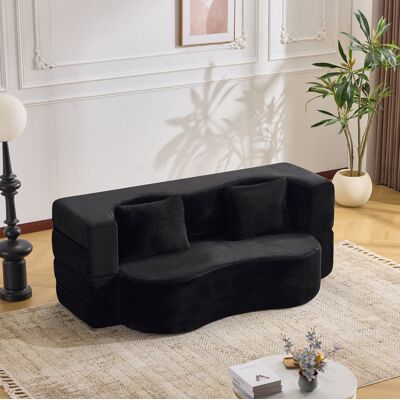 BEAOK Canapé Convertible In Tessuto Effetto Peluche Nero, Pieghevole 2 In 1 Con 2 Cuscini BEAOK Canapé Convertible In Tessuto Effetto Peluche Nero, Pieghevole 2 In 1 Con 2 Cuscini