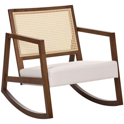 BELIANI Poltrona A Dondolo Imbottita Con Schienale Intrecciato Struttura In Legno Di Gomma Tessuto Marrone E Beige Chiaro Leidy BELIANI Poltrona A Dondolo Imbottita Con Schienale Intrecciato Struttura In Legno Di Gomma Tessuto Marrone E Beige Chiaro Leidy