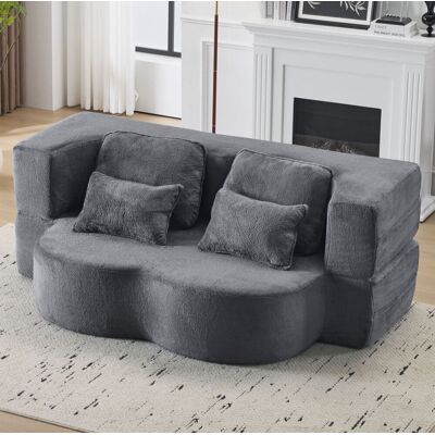 BEAOK Canapé Convertible A Pavimento In Tessuto Peluche Blu E Grigio, Futon Pieghevole Con 4 Cuscini BEAOK Canapé Convertible A Pavimento In Tessuto Peluche Blu E Grigio, Futon Pieghevole Con 4 Cuscini