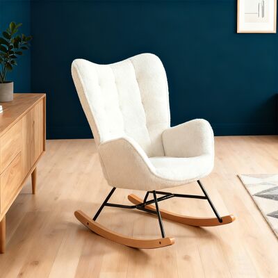 MEUBLES COSY Funkel Poltrona A Dondolo Stile Scandinavo In Tessuto Bouclé, Con Gambe In Legno Di Faggio, Bianco MEUBLES COSY Funkel Poltrona A Dondolo Stile Scandinavo In Tessuto Bouclé, Con Gambe In Legno Di Faggio, Bianco