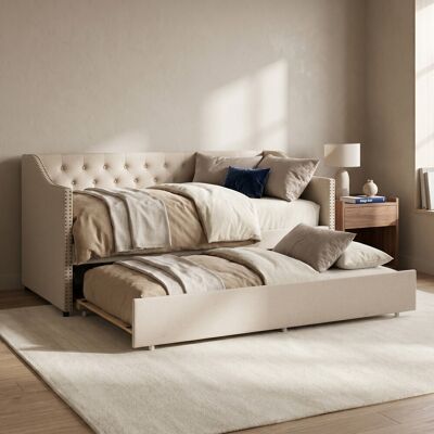 LONELYO Divano Letto 90x200 Cm Con Letto Estraibile, In Lino, Con Borchie, Beige LONELYO Divano Letto 90x200 Cm Con Letto Estraibile, In Lino, Con Borchie, Beige