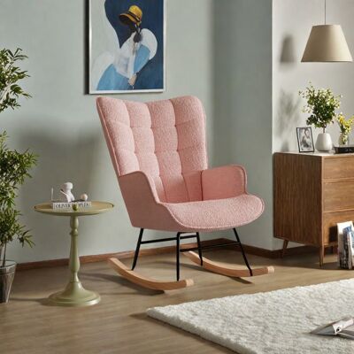 OEM Poltrona A Dondolo Scandinava 1 Posto - Velluto Teddy Rosa, Legno Massello E Metallo, 68x75x92 Cm OEM Poltrona A Dondolo Scandinava 1 Posto - Velluto Teddy Rosa, Legno Massello E Metallo, 68x75x92 Cm
