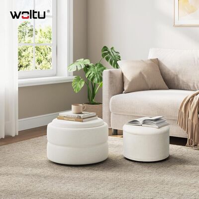 WOLTU 2x Pouf Contenitore Rotondi Con Coperchio Reversibile E Removibile In Velluto A Nuvola, Bianco WOLTU 2x Pouf Contenitore Rotondi Con Coperchio Reversibile E Removibile In Velluto A Nuvola, Bianco