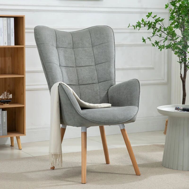 MEUBLES COSY Poltrona con rivestimento in tessuto grigio, struttura posteriore in metallo, sedile in compensato e gambe in legno naturale in stile scandinavo