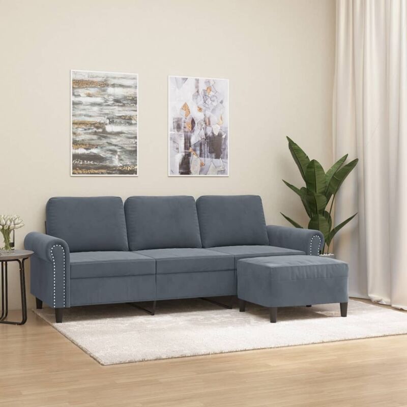 VIDAXL Divano a 3 Posti con Poggiapiedi Grigio Scuro 180 cm in Velluto 1 VIDAXL Divano a 3 Posti con Poggiapiedi Grigio Scuro 180 cm in Velluto
