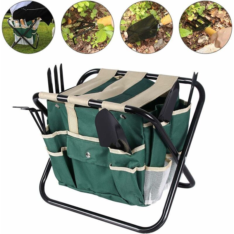 PETITES ECREVISSES Sgabello da Giardino Pieghevole con Borsa Attrezzi Inginocchiatoio Sedia da Giardino Panca da Giardino Verde