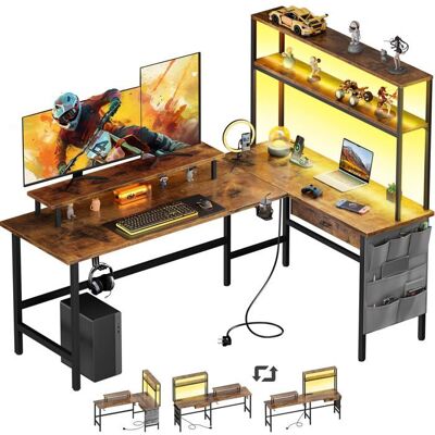 ECOFURNIX Tavolo Da Gioco Led Di 170cm, Tavolo Ad Angolo A L Con Cassetti E Sacchi Di Stoccaggio, Presa Elettrica E Porta Usb Integrati, Marrone ECOFURNIX Tavolo Da Gioco Led Di 170cm, Tavolo Ad Angolo A L Con Cassetti E Sacchi Di Stoccaggio, Presa Elettrica E Porta Usb Integrati, Marrone