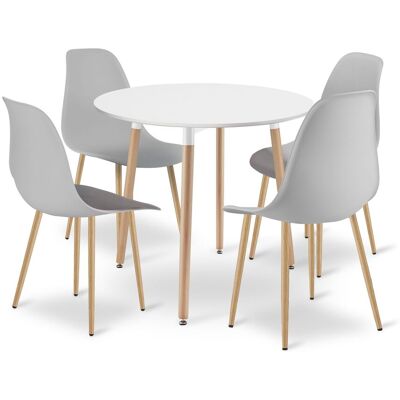 AKORD Set Composto Da Tavolo Rotondo Kami Da 80 Cm - Bianco / Gambe Naturali + 4 Sedie Wat Grigie / Gambe Naturali AKORD Set Composto Da Tavolo Rotondo Kami Da 80 Cm - Bianco / Gambe Naturali + 4 Sedie Wat Grigie / Gambe Naturali