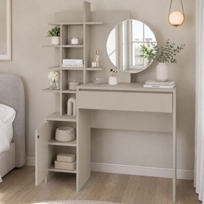 TOSCOHOME Postazione Make Up Con Specchio Rotondo Sabbia Tolette Con Mensole 105x35x151 Cm TOSCOHOME Postazione Make Up Con Specchio Rotondo Sabbia Tolette Con Mensole 105x35x151 Cm