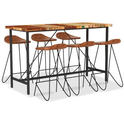 VIDAXL Set Da Bar 7 Pz In Legno Massello Di Recupero E Vera Pelle VIDAXL Set Da Bar 7 Pz In Legno Massello Di Recupero E Vera Pelle