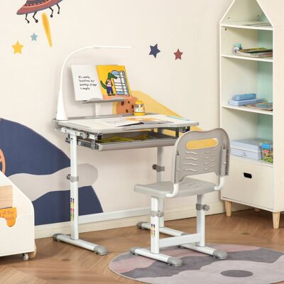YULINLAND Scrivania Bambini Regolabile Con Sedia, Cassetto E Ripiani, Grigio 70×50×105 Cm YULINLAND Scrivania Bambini Regolabile Con Sedia, Cassetto E Ripiani, Grigio 70×50×105 Cm