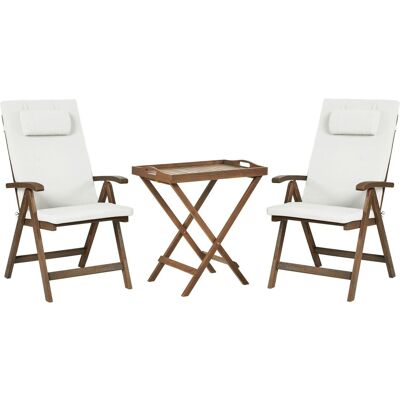 BELIANI Set Da Balcone Composto Tavolo In Acacia Naturale E 2 Sedie Pieghevoli Con Cuscini Bianco Sporco Amantea Premium BELIANI Set Da Balcone Composto Tavolo In Acacia Naturale E 2 Sedie Pieghevoli Con Cuscini Bianco Sporco Amantea Premium