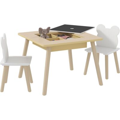 TREETALK Set Di 3 Pezzi Per Bambini Composto Da Tavolo E Sedie Con Piano Reversibile E Vano Portaoggetti, In Legno Naturale. TREETALK Set Di 3 Pezzi Per Bambini Composto Da Tavolo E Sedie Con Piano Reversibile E Vano Portaoggetti, In Legno Naturale.