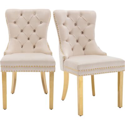 STILVORA Sedia Da Pranzo Set Da 2 Con Anello Sullo Schienale E Borchie Decorative, Piedini Regolabili, Velluto Beige Oro 50.5 X 45 X 95 Cm STILVORA Sedia Da Pranzo Set Da 2 Con Anello Sullo Schienale E Borchie Decorative, Piedini Regolabili, Velluto Beige Oro 50.5 X 45 X 95 Cm