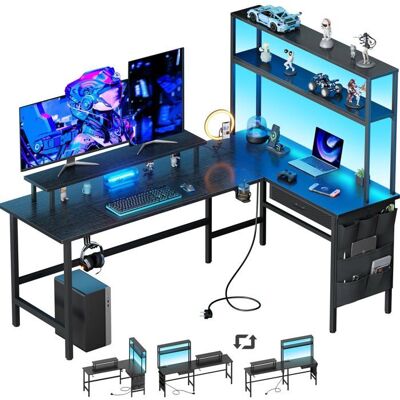 ECOFURNIX Tavolo Da Gioco Led Di 170cm, Tavolo Ad Angolo In L Con Cassetti E Sacchi Di Stoccaggio, Presa Elettrica E Porta Usb Integrati, Nero ECOFURNIX Tavolo Da Gioco Led Di 170cm, Tavolo Ad Angolo In L Con Cassetti E Sacchi Di Stoccaggio, Presa Elettrica E Porta Usb Integrati, Nero