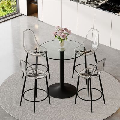 BEAOK Set Bar In Vetro E Metallo Nero 4 Posti, Design Trasparente Con Sgabelli Alti E Poggiapiedi BEAOK Set Bar In Vetro E Metallo Nero 4 Posti, Design Trasparente Con Sgabelli Alti E Poggiapiedi