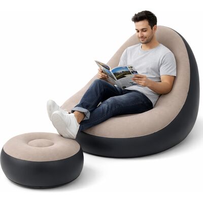 BAKAJI Set Poltrona E Poggiapiedi Gonfiabile Ergonomico Grigio Da Esterno Ed Interno BAKAJI Set Poltrona E Poggiapiedi Gonfiabile Ergonomico Grigio Da Esterno Ed Interno
