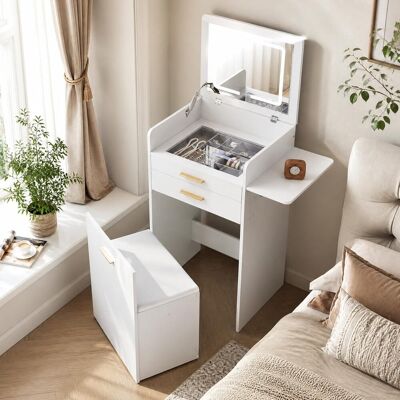 WOLTU Tavolo Da Toeletta 3 In 1, Spazio Di Archiviazione, 1 Sgabello,piano In Vetro, Striscia Led, Cajón Con Organizador De Joyas, Sgabello Con Contenitore E Ruote, Bianco WOLTU Tavolo Da Toeletta 3 In 1, Spazio Di Archiviazione, 1 Sgabello,piano In Vetro, Striscia Led, Cajón Con Organizador De Joyas, Sgabello Con Contenitore E Ruote, Bianco