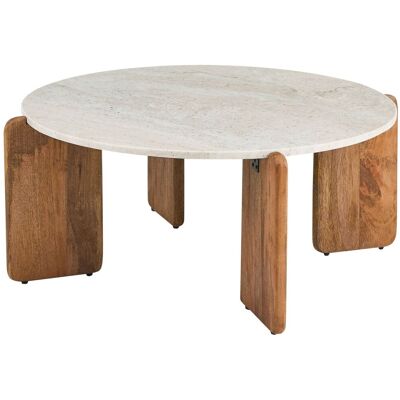 BELIANI Tavolino Moderno Con Piano In Marmo E Gambe In Legno Di Mango Marrone, Rotondo, 80 Cm, Per Soggiorno, Beige Chiaro, Luno BELIANI Tavolino Moderno Con Piano In Marmo E Gambe In Legno Di Mango Marrone, Rotondo, 80 Cm, Per Soggiorno, Beige Chiaro, Luno