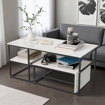 OEM Tavolino Da Salotto - Quadrato Impilabile - Piano In Marmo Bianco - Gambe In Metallo Nero - 105x52x48 Cm OEM Tavolino Da Salotto - Quadrato Impilabile - Piano In Marmo Bianco - Gambe In Metallo Nero - 105x52x48 Cm