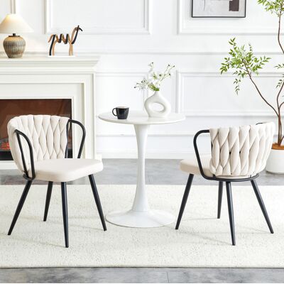 BEAOK Sedia Da Pranzo In Velluto Beige Con Gambe In Metallo Nero Opaco, Imbottita Con Braccioli E Schienale Intrecciato BEAOK Sedia Da Pranzo In Velluto Beige Con Gambe In Metallo Nero Opaco, Imbottita Con Braccioli E Schienale Intrecciato