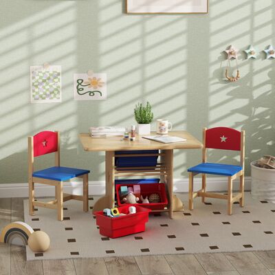 PZCC Tavolo Per Bambini Con 2 Sedie, Set Di Tavolo E Sedie In Legno Da 3 Pezzi Con 4 Contenitori Portaoggetti, Legno Naturale PZCC Tavolo Per Bambini Con 2 Sedie, Set Di Tavolo E Sedie In Legno Da 3 Pezzi Con 4 Contenitori Portaoggetti, Legno Naturale