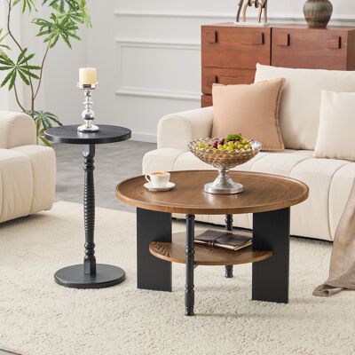 MODFU Set Di 2 Tavolini Rotondi Ø80 E Ø38 Cm, Tavolino Da Caffè E Tavolino Laterale Per Soggiorno O Camera Da Letto, In Noce E Mdf Nero. MODFU Set Di 2 Tavolini Rotondi Ø80 E Ø38 Cm, Tavolino Da Caffè E Tavolino Laterale Per Soggiorno O Camera Da Letto, In Noce E Mdf Nero.