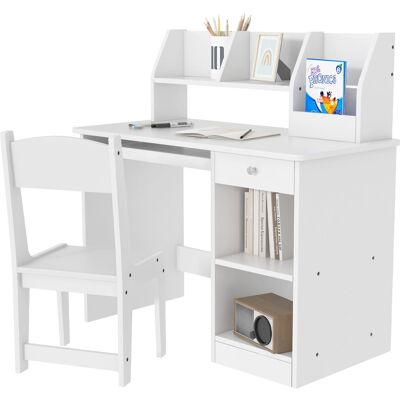 YULINLAND Scrivania Bambini Con Sedia Ergonomica, Cassetto Tastiera, Ripiani E Scaffali, Bianco 90×45×90 Cm YULINLAND Scrivania Bambini Con Sedia Ergonomica, Cassetto Tastiera, Ripiani E Scaffali, Bianco 90×45×90 Cm