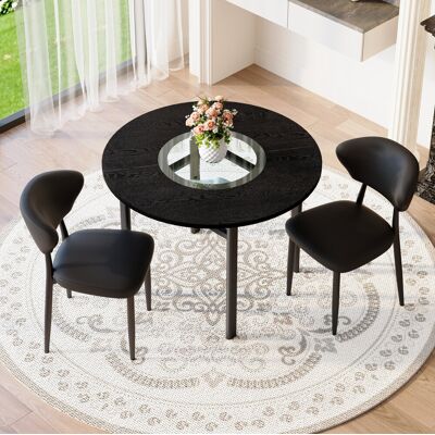 BEAOK Set Da Pranzo Con Tavolo Rotondo E 2 Sedie In Mdf, Vetro E Metallo Nero, Piano Ø100 Cm Con Seduta In Pu BEAOK Set Da Pranzo Con Tavolo Rotondo E 2 Sedie In Mdf, Vetro E Metallo Nero, Piano Ø100 Cm Con Seduta In Pu