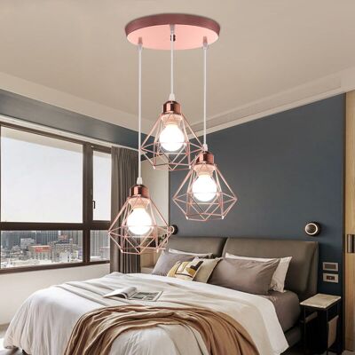 AXHUP 3 Luci Industriale Vintage Lampada A Sospensione Paralume Diamante In Ferro Lampadario Per Soggiorno Sala Da Pranzo Camera Da Letto Oro Rosa AXHUP 3 Luci Industriale Vintage Lampada A Sospensione Paralume Diamante In Ferro Lampadario Per Soggiorno Sala Da Pranzo Camera Da Letto Oro Rosa