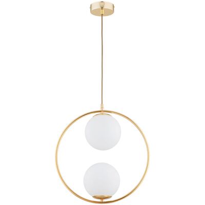 ALFA Avia Modern Gold Brass Vertical Ring Pendant Light With 2 Opal White Glass Globe Shades, 2xe14 10w, Dimmable, Ip20, 85cm Hanging Lamp For Living Room Dining ALFA Avia Modern Gold Brass Vertical Ring Pendant Light With 2 Opal White Glass Globe Shades, 2xe14 10w, Dimmable, Ip20, 85cm Hanging Lamp For Living Room Dining