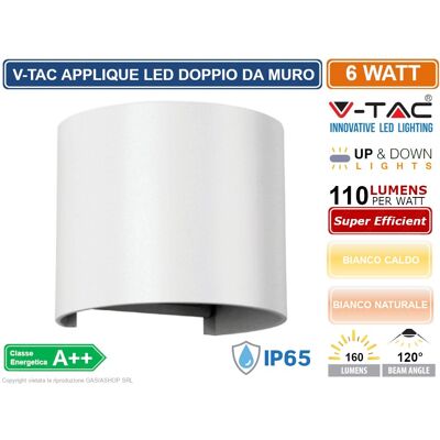 V-TAC Vt-756 Lampada Da Muro Wall Light Bianca Con Doppio Led Cob 6w Ip65 - Sku 7082 / 7091 - Colore Luce: Bianco Caldo - V-TAC Vt-756 Lampada Da Muro Wall Light Bianca Con Doppio Led Cob 6w Ip65 - Sku 7082 / 7091 - Colore Luce: Bianco Caldo -