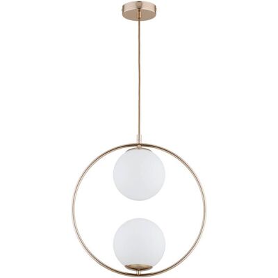 ALFA Avia Modern Brass/gold Metal Ring Pendant Light With 2 White Glass Globe Shades, 2xe14 Max 10w, Dimmable Hanging Ceiling Lamp For Living/dining Room, Bedroom, 85cm ALFA Avia Modern Brass/gold Metal Ring Pendant Light With 2 White Glass Globe Shades, 2xe14 Max 10w, Dimmable Hanging Ceiling Lamp For Living/dining Room, Bedroom, 85cm