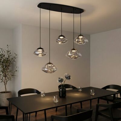 QAZQA Lampada A Sospensione Di Design Nera Con Vetro Fumé 5 Luci QAZQA Lampada A Sospensione Di Design Nera Con Vetro Fumé 5 Luci