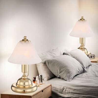 ETC-SHOP Set Di 2 Luci Notturne Faretti Da Lettura In Ottone Dorato Ottiche In Alabastro Lampade In Vetro Interruttore Tattile ETC-SHOP Set Di 2 Luci Notturne Faretti Da Lettura In Ottone Dorato Ottiche In Alabastro Lampade In Vetro Interruttore Tattile