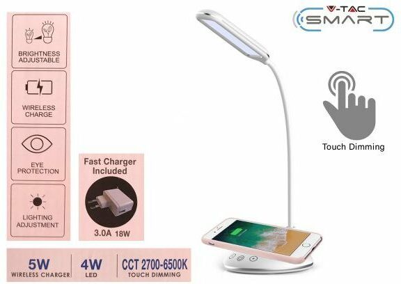 V-TAC - Lampada Led Da Tavolo 4W cct Dimmerabile Con Caricatore Wireless qi Smartphone Base Rotondo SKU-8605