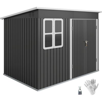 Zone Capannone In Metallo Per Riporre Attrezzi Da Giardino, Con Finestra, Porta Larga, 260 X 177 X 190 Cm, Grigio Scuro Zone Capannone In Metallo Per Riporre Attrezzi Da Giardino, Con Finestra, Porta Larga, 260 X 177 X 190 Cm, Grigio Scuro