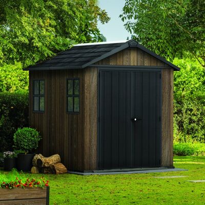 DMORA Casetta Da Giardino Mattoon, Pavimento Rialzato, Modulabile, Lucchettabile, Presenza Finestre, Tetto A Due Falde, 224x230x246h Cm Marrone Noce DMORA Casetta Da Giardino Mattoon, Pavimento Rialzato, Modulabile, Lucchettabile, Presenza Finestre, Tetto A Due Falde, 224x230x246h Cm Marrone Noce