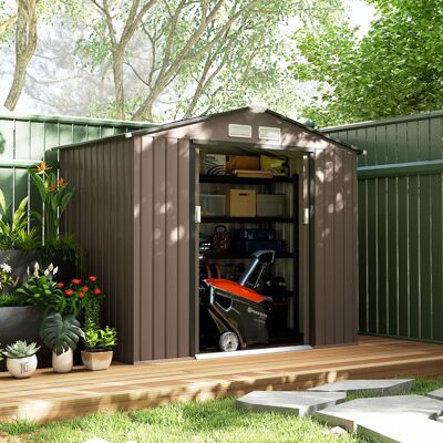 PZCC Casetta Da Giardino Esterna Con Base Rinforzata, Senza Pavimento, 213x130x185 Cm, Con 2 Porte Scorrevoli E 4 Finestre, Colore Marrone. PZCC Casetta Da Giardino Esterna Con Base Rinforzata, Senza Pavimento, 213x130x185 Cm, Con 2 Porte Scorrevoli E 4 Finestre, Colore Marrone.