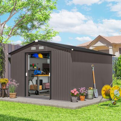 PZCC Casetta Da Giardino 8.3m² In Acciaio Zincato Con Kit Fondazione, Prese D'Aria, Capanno Da Giardino Con Tetto Inclinato, Doppia Porta Scorrevole Bloccabile, Capanno Porta Attrezzi, Marrone PZCC Casetta Da Giardino 8.3m² In Acciaio Zincato Con Kit Fondazione, Prese D'Aria, Capanno Da Giardino Con Tetto Inclinato, Doppia Porta Scorrevole Bloccabile, Capanno Porta Attrezzi, Marrone