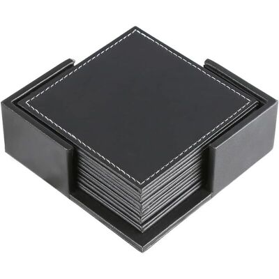 KEEMOTE Set Di 6 Sottobicchieri In Pelle Nera Con Supporto Per Riporli KEEMOTE Set Di 6 Sottobicchieri In Pelle Nera Con Supporto Per Riporli